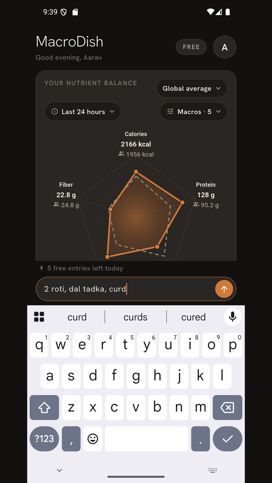 Logging a meal by typing it